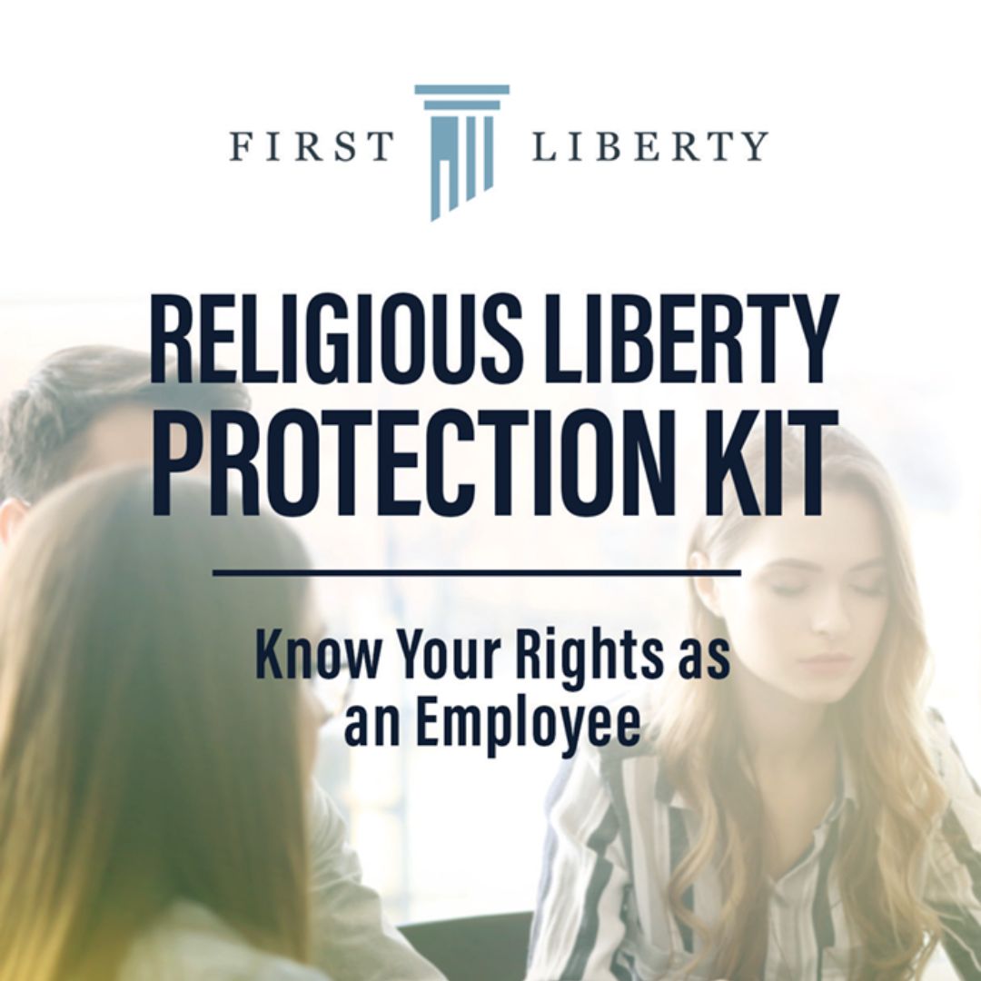 people sitting around table overlayed by Religious liberty protection kit, know your rights as an employee