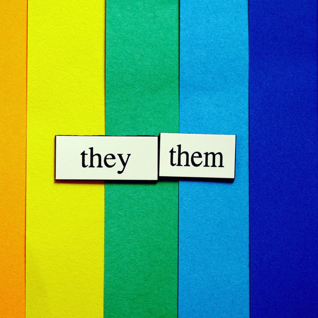 rainbow background overlayed by they/them